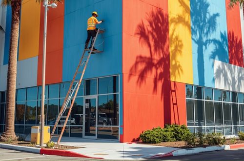 Professional commercial painters working on modern office building exterior