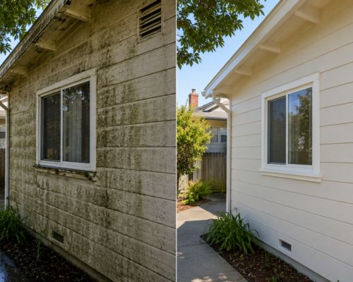 mildew growth caused by bay moisture on Hayward home exterior